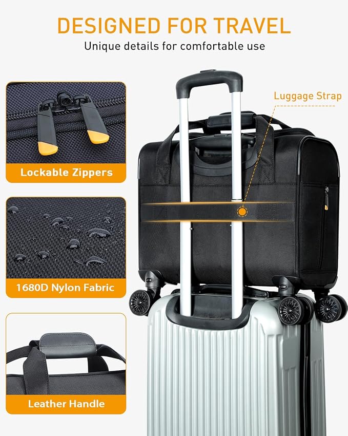 Rolling Laptop Bag, Rolling Briefcase with 4 Spinner Wheels, 13 Inch 1680D Nylon Water Resistant Computer Bag for Men and Women Work Travel, Black
