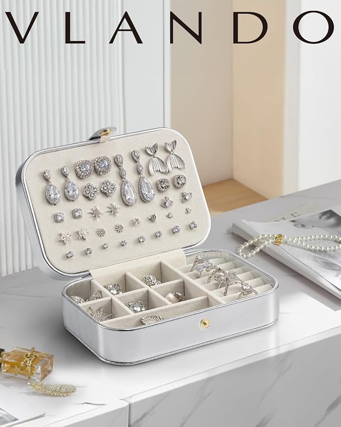 Vlando Travel Jewelry Case for Women Girls Mothers, PU Leather Portable Small Jewelry Box for Rings, Necklaces, Bracelets, Earring Holder Organizer Storage for Travel, Bridesmaid Gifts - Silver
