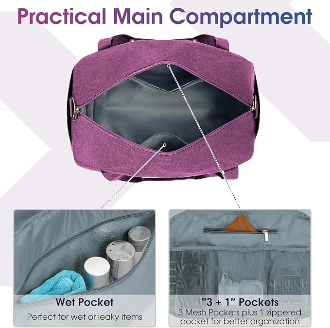 Narwey 18" Carry on Bag Underseat for Airplane with Wet Pocket Spirit Airlines Personal Item Bag Travel Duffel Bag Small Gym Bag Weekender Overnight for Women and Men (Dark Purple)