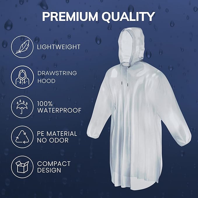 Mindful Design Rain Ponchos with Drawstring Hood (4 Pack) Disposable Emergency Clear Poncho for Adults
