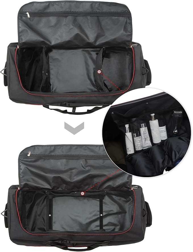 CONTAIL 32”110L Expandable 140L Rolling Duffle Bag with 2 Inline Wheels,Convertible Weekend Travel Bag with Bungee-Cord System,Black-red