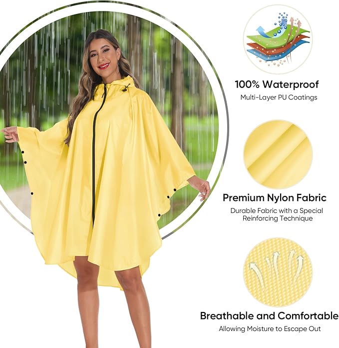PTEROMY Hooded Rain Poncho for Adult with Pocket and Zipper, Waterproof Lightweight Raincoat for Men and Women