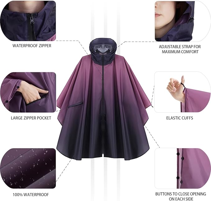 Rain Poncho Jacket Coat Hooded Zipper Style for Women/Men/Adult with Pocket