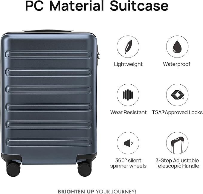 Carry on Luggage 22 X 14 X 9 Airline Approved, 20 Inch Luggage for 3-5 Days Travel, Double Spinner Wheels, 100% Hardshell PC, TSA Lock (09-Grey, Checked 24-Inch)