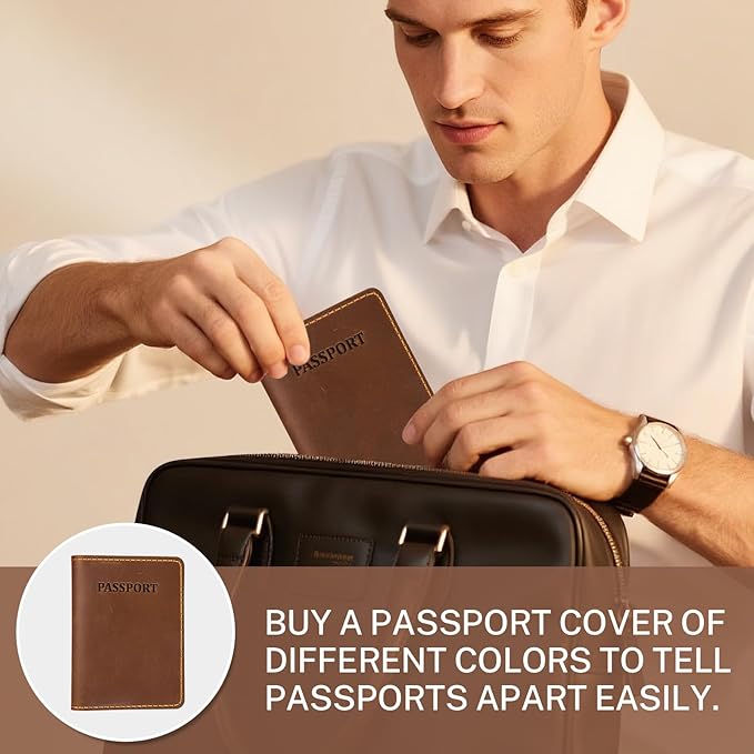 Genuine Leather Passport Holder, Wallet Cover Case for Travel Must Haves, Card Slots - RFID Blocking Travel Wallet - Men's Passports Case (Bourbon Brown)
