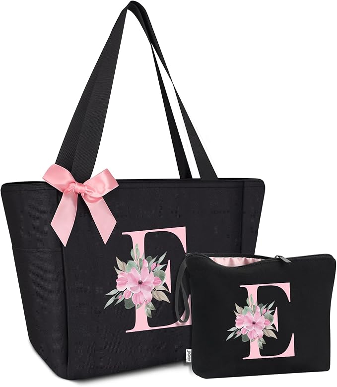 Vavabox Tote Bag, A-Z Initial Monogrammed Waterproof Tote Bag, Bridesmaid Gifts for Women, Black and Pink