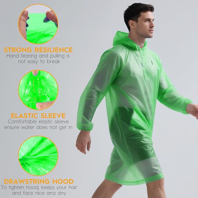Bruvoalon 6 & 20 Pack Disposable Rain Ponchos for Adults/Youth, Waterproof PE Raincoats with Drawstring, Camping/Emergency