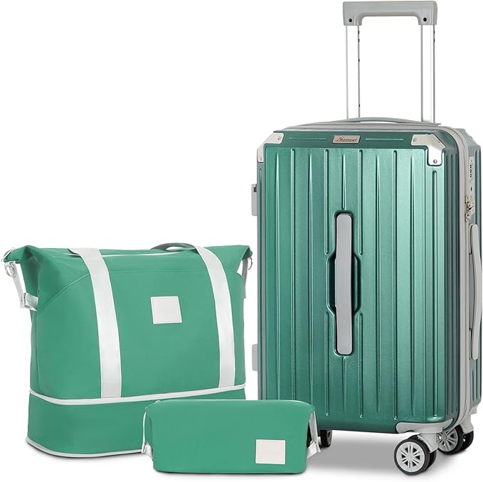 Romswi 3-Piece Carry-On Luggage Set with Cup Holder TSA Lock, 20" Hardside Spinner Suitcase with Duffel Bag, Lightweight Durable PC+ABS Sage Green Travel Luggage