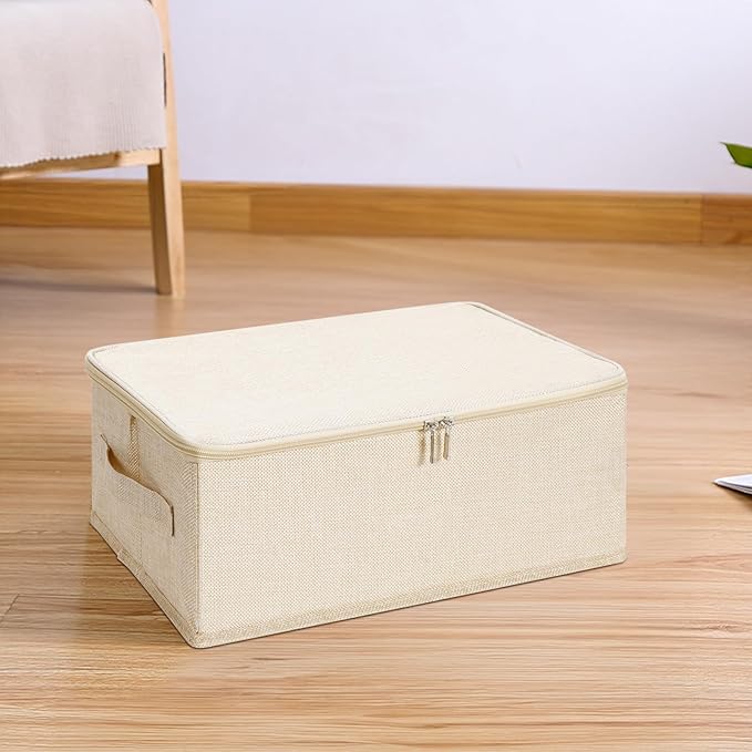 ANMINY 2PCS Storage Bins with Zipper Lids 13 Qt Lidded Fabric Storage Boxes Baskets Cubes with Handles Collapsible Washable Cotton Linen Closet Shelf Clothes Organizer Containers - Beige, Small