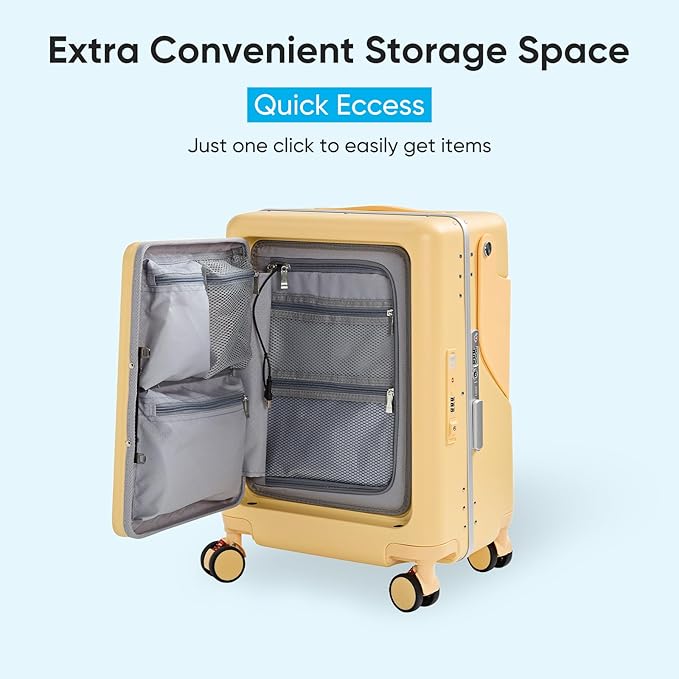 TABU 20" Ride-on Luggage with Seat，Front Opening Carry-On Hardshell Ride On Suitcase with Built-in Charging Port, 360° Lockable Spinner and TSA Lock, for Kids & Adults, Yellow