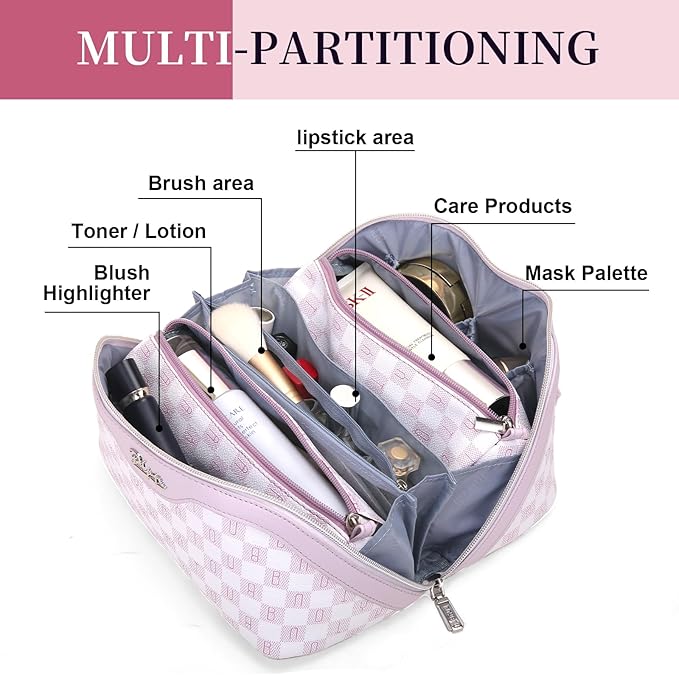 BOYATU Travel Makeup Bag Cosmetic Bags for Women: 3 Pcs Set Portable Make up Bag with Handle - Vegan Leather Toiletry Bags with Compartments - Makeup Organizer for Travel Essentials(02-Purple)