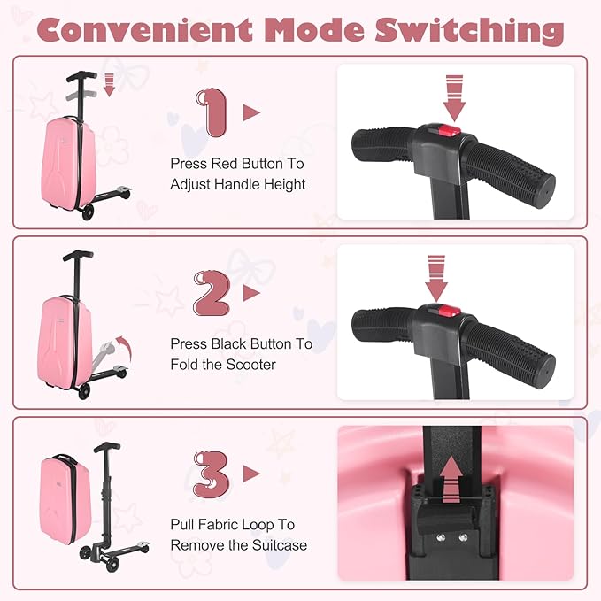 iubest Luggage Carry On Scooter Suitcase for Kids Age 4-15, Detachable & Foldable 4 in 1 Suitcase, Multifunctional Ride On Travel Trolley Scooter Combo-Pink