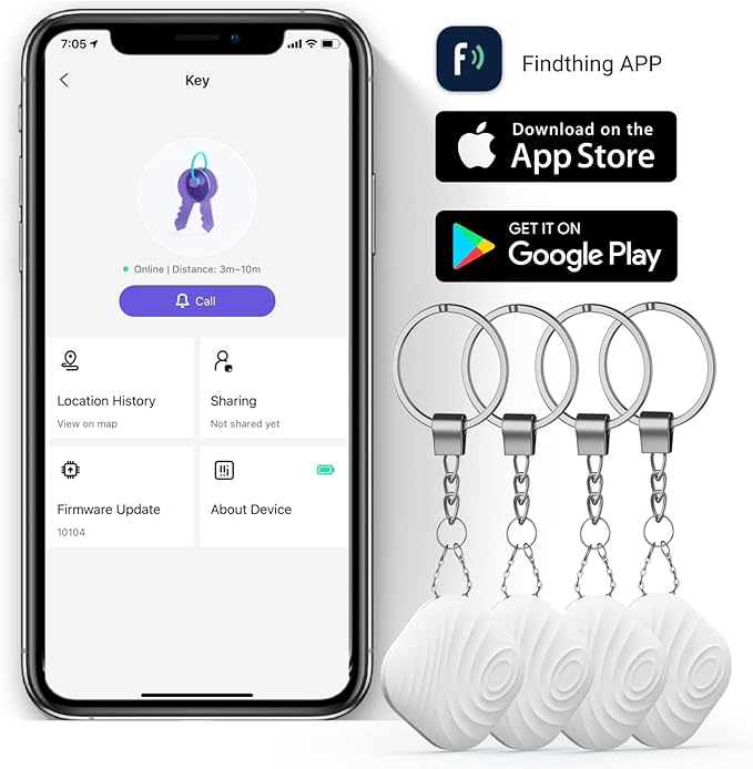 Key Finder, Bluetooth Tracker Item Locator with Key Chain for Keys Pet Wallets or Backpacks and Tablets, Batteries Include -White