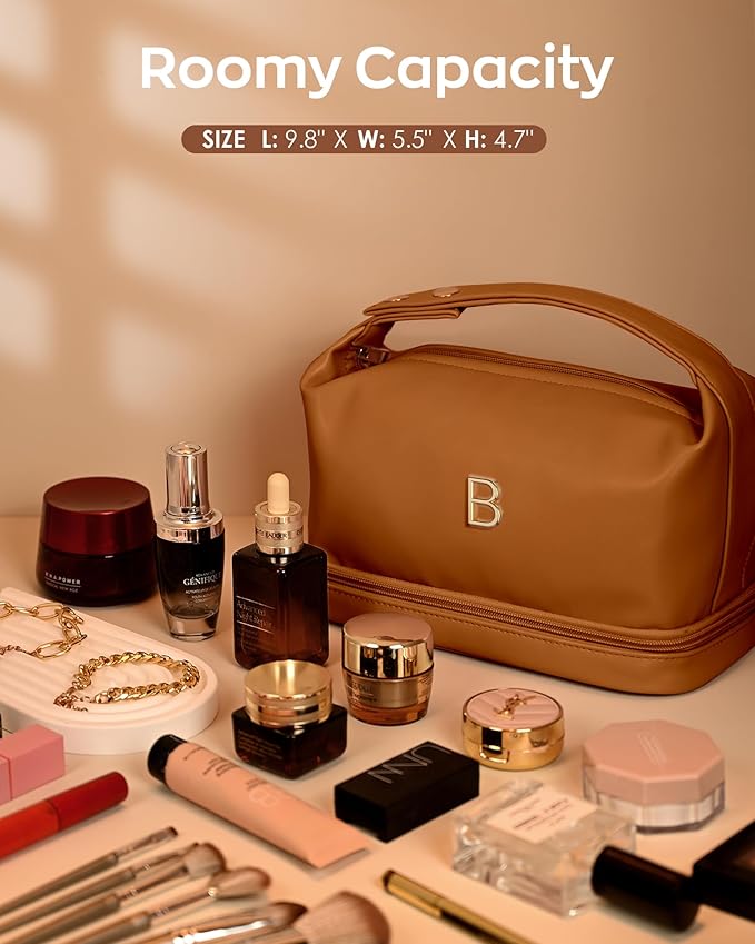 Gifts for Young Women, Personalized Makeup Bag with Handle, Initial Double Layer Cosmetic Bag with Makeup Brush Organizer, Cute Cosmetic Pouch for Women, Gifts for Friends Female Mom