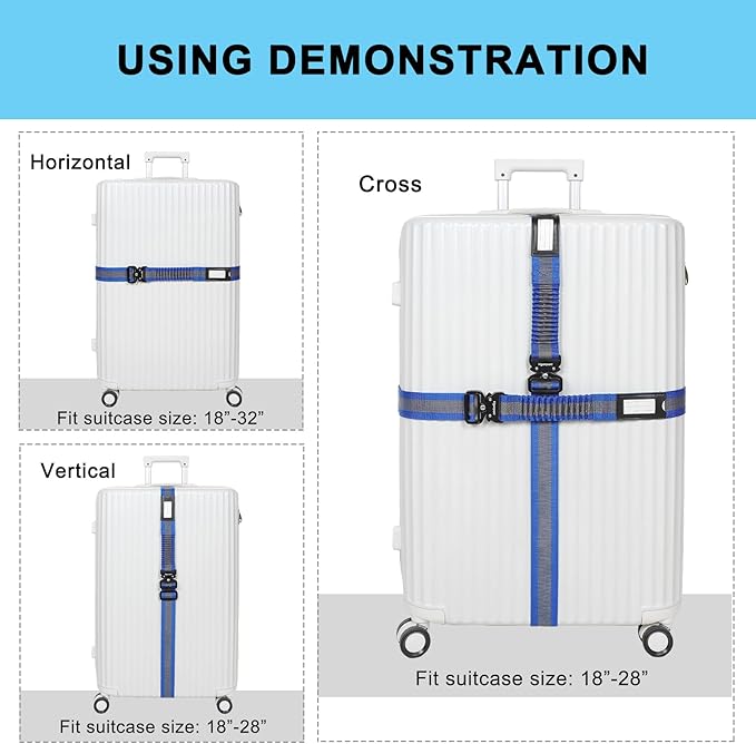 Vigorport Luggage Straps for Suitcases 2 Pack, Heavy Duty Metal Buckle Luggage Belt Strap, TSA Approved Suitcase Belt, Stretchable Travel Strap for Luggage (Blue, 42"-72" Long)