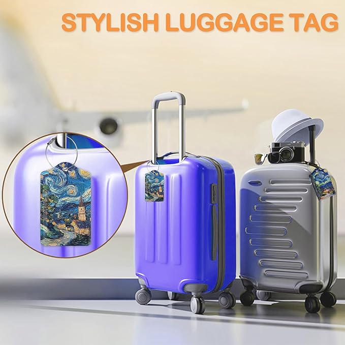 Starry Night Swirl 3 Pack PU Leahter Luggage Tag with Stainless Steel Loop, Retro Style Starry Village Travel Suitcase Labels with Privacy Cover ID Label Quickly Spot for Bags