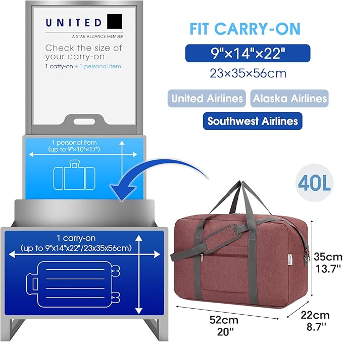 For United Airlines Foldable Carry on Bag 22x14x9 Travel Duffel Bag Packable luggage Duffle for Women and Men 40L (Jujube Red)