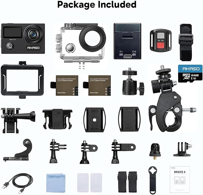 AKASO Brave 4 Action Camera 4K 30fps with 64GB MicroSD Card Bundle 20MP Ultra HD 131FT Waterproof Underwater Camera EIS WiFi Remote Control 5X Zoom Sport Cameras with Bicycle Accessories Kit