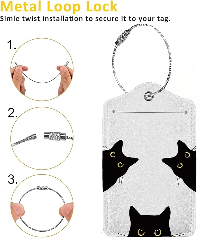 Cat's Gaze 2 Pack Luggage Tag for Suitcase, Cute Unique Leather Bag Tags Identifiers Privacy Cover ID Label with Steel Loop for Women Men Kids Girls Travel
