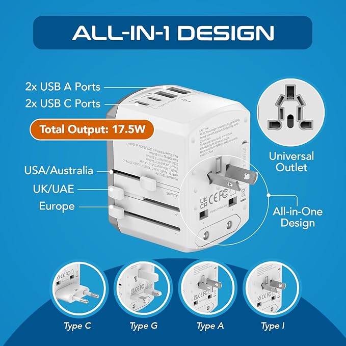 Ceptics Universal Travel Adapter 17.5W, 5 in 1 Universal Laptop Charger with 2X USB-A & USB-C 3.5A for Mobiles, Laptops, Cameras US, UK, EU, AU, All in 1 Type A, C, G, I Output, White