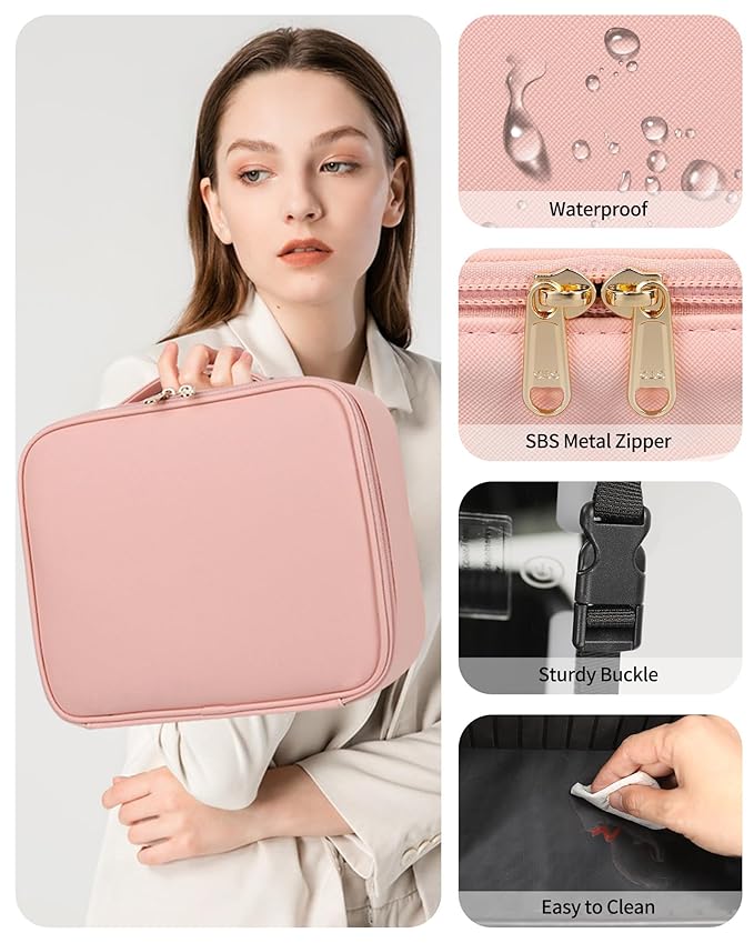 Makeup Bag With LED Mirror, Travel Makeup Case with Light up Mirror Large Cosmetic Case with 3 Color Lighted Portable Professional Organizer Bag with Adjustable Dividers（Pink）
