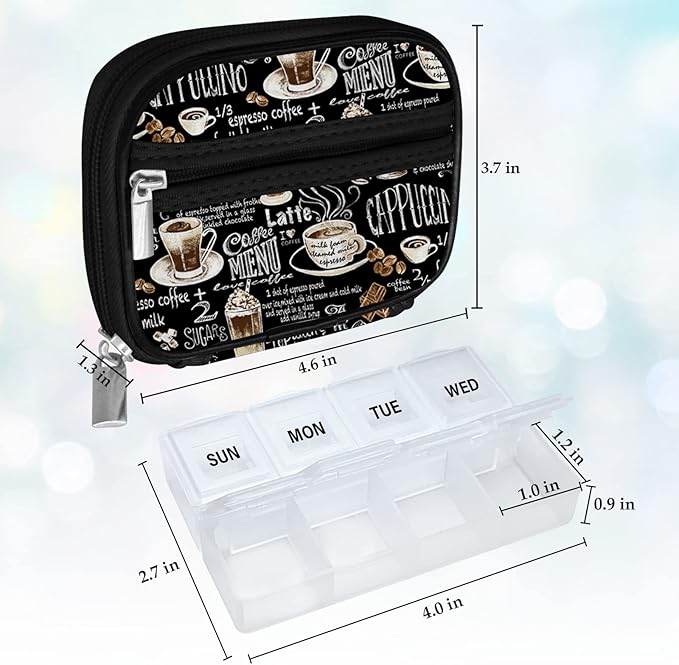 Serfeymi Weekly Travel Pill Organizer Pill Case for Purse with Removable 7 Day Pill Box, Fashionable Travel Medicine Organizer Pill Container for Medicine, Vitamin, Supplement - Black 02