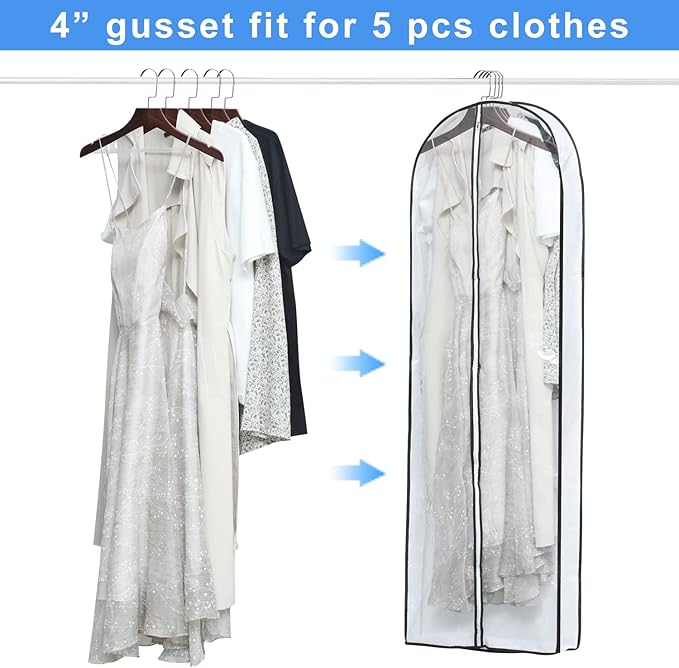 Clear Garment Storage with 4" Gusseted Hanging Covers - Durable, Transparent Protectors for Long Coats, Gowns, Dresses - 24"x 60"x 4" / 6 Pack