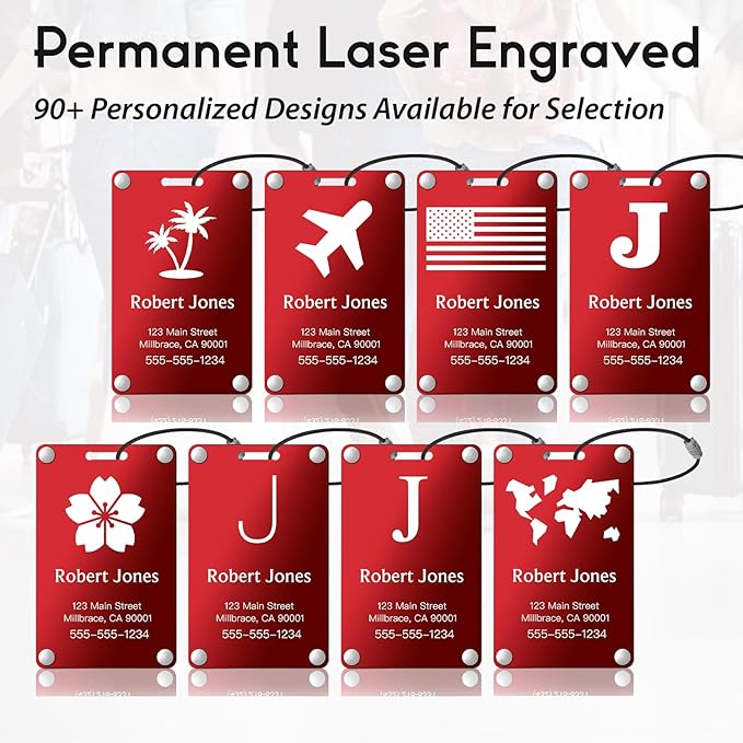 Personalized Luggage Tags: Custom Metal Luggage Tags for Suitcases, Backpacks and Bags with Your Personalized Text (Red)