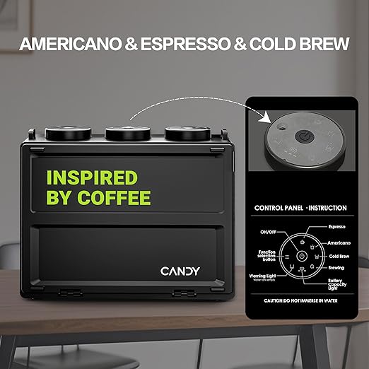 Candy™ Portable Espresso Coffee Maker with Strap for Travel, 3 in 1 One-Touch Operation, Rechargeable Up to 60 Cups(Cold), for Ground, Ideal for Camping, RV & Outdoor Use, Fast Heating in Plug-in Mode