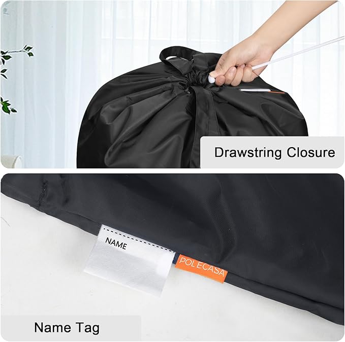 Polecasa Heavy Duty Large Laundry Bag with 130gsm Tear Resistant Fabric, ID Tag and Handles, Easy to Carry Dirty Clothes Drawstring Bag, Perfect for College Dorm, Travel, 28”x36”, Black