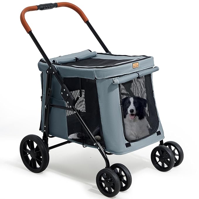 Scout Pet Stroller, 4-Wheel Design for Small/Medium Dogs - One-Button Fold, Adjustable Mesh Windows & Shades, 360° Swivel Front Wheels, Rear Wheel Brake for Safety
