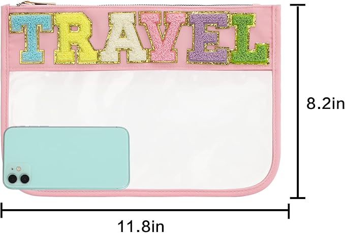 DYSHAYEN Chenille Letter Clear Zipper Pouch for Travel,Nylon Clear Cosmetic Bag,Makeup Travel Bag for Women Girls 11.8 Inches x 8.2 Inches
