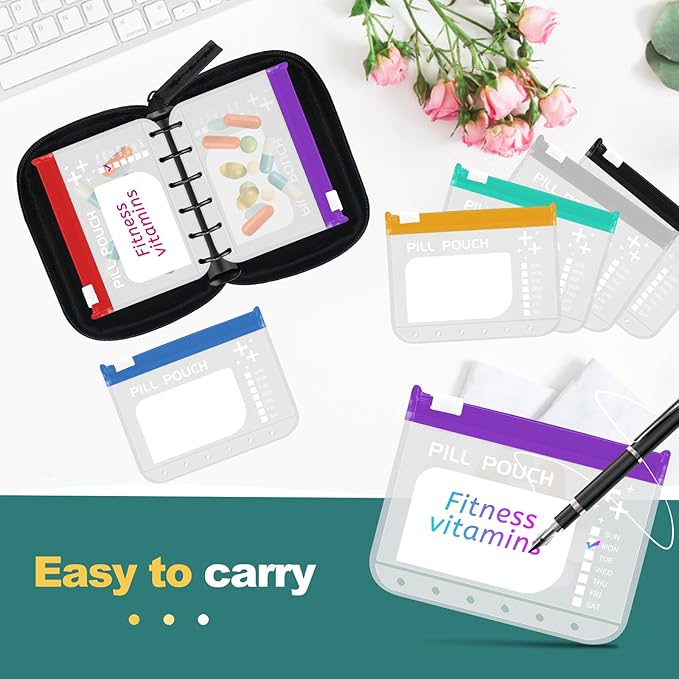 A7-L Water-Proof Pill Pouch Set， Large Pill Organizer, BPA Free, A7-L Pill Loose-Leaf Storage with Color-Coded Medicine Pouches, Reusable Travel Medicine Organizer， Zippered Pill Organizers Weekly