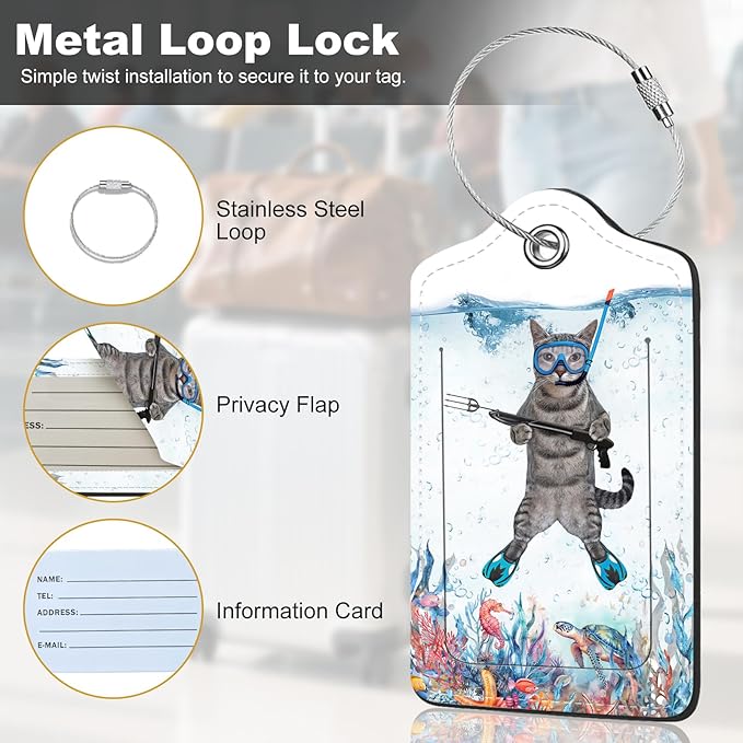 2Pack Luggage Tags for Suitcases, Cute Unique Pu Leather Cruise Luggage Tag with Privacy Cover ID Label Address Card and Metal Ring Suitable for Women Men Kids Travel Bag The Diving Cat