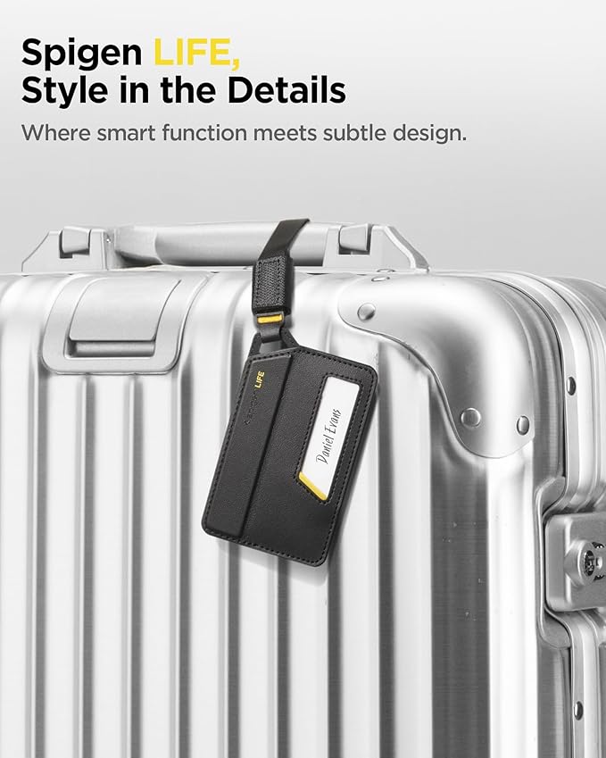 Spigen Life Luggage Tags Premium Velo Vegan Leather ID Label for Suitecase Travel Bag Accessories with Magnetic Closure Privacy Protection Design Durable Strap - Black (1 Pack)