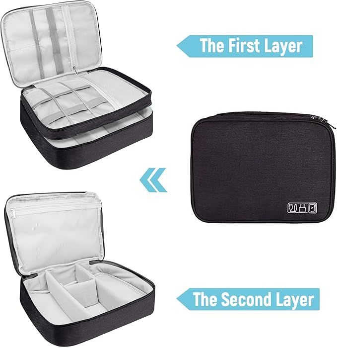 Electronics Travel Organizer, Large Double Layer Portable Waterproof Travel Organizer Bag for Charging Cable Storage, Ipad, Power Bank, Hard Drive etc, for Travel, Business ,5pcs Cable