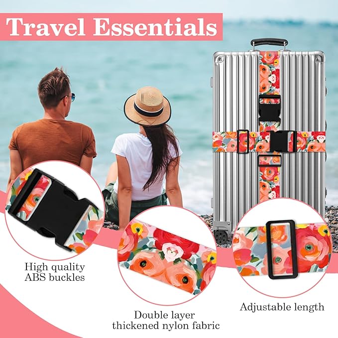 Rose Luggage Straps for Suitcases TSA Approved, Luggage Identifiers for Suitcase, Adjustable Suitcase Strap for Baggage Security with Cute Patten, Travel Necessary Accessories