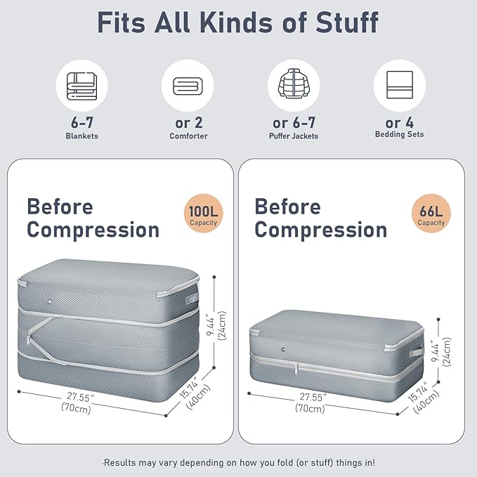 DIMJ Comforter Storage Bag - 100L Large Capacity Blanket Storage Compression Bags, Washable Space Saving Self Compression Organizer with Window Handles, Space Saver for Clothes, Bedding, Sheet