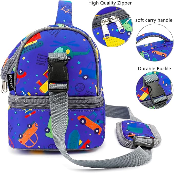 FlowFly Kids Double Decker Cooler Insulated Lunch Bag Large Tote for Boys, Girls, Men, Women, With Adjustable Strap, Car