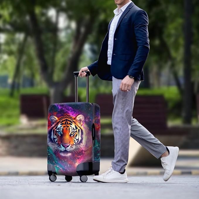 Galaxy Tiger Suitcase Cover Zipper Closure Travel Luggage Protector Anti-Scratch Zip Lugagge Covers for Suitcase Stretchable Suitcase Covers for Luggage Cool Animal Luggage Cover, 18-32 Inch