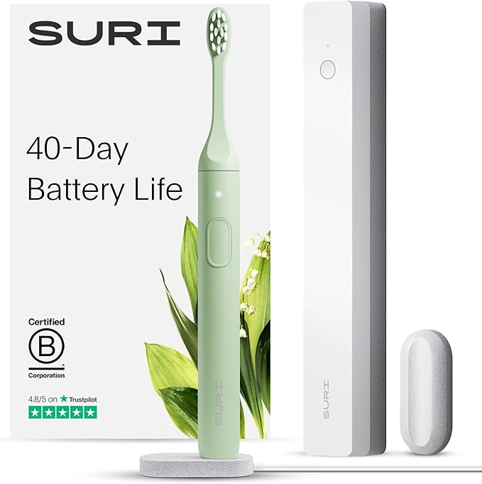 SURI Sonic Electric Toothbrush with UV Travel Case - 40-Day Battery- Designed in California - Electric Toothbrushes Adults - Slim Travel Tooth Brush