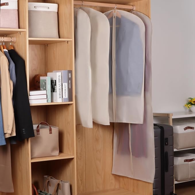 Zilink 65'' Dress Bags for Gowns Long Clear Garment Bags for Hanging Clothes Foldable Dress Covers Garment Bag for Closet Storage and Travel - Beige, 3 Pack