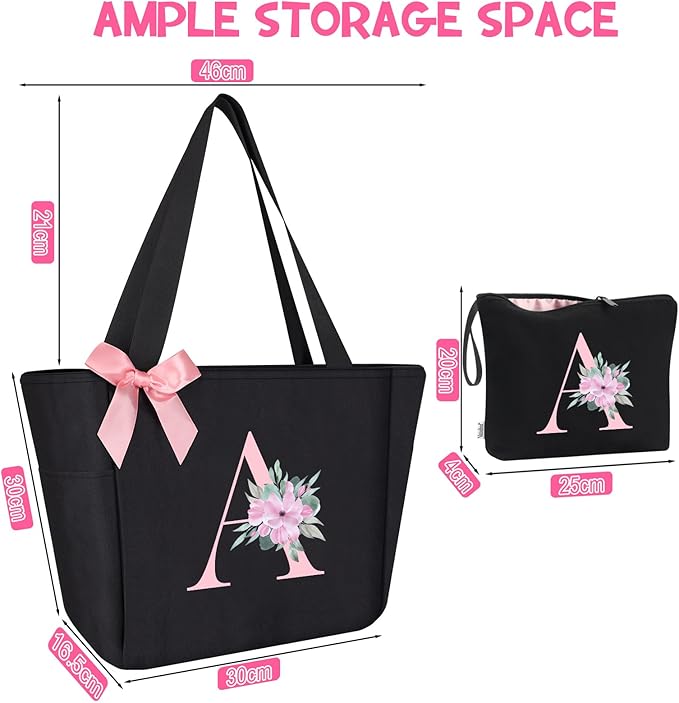 Vavabox Tote Bag, A-Z Initial Monogrammed Waterproof Tote Bag, Bridesmaid Gifts for Women, Black and Pink