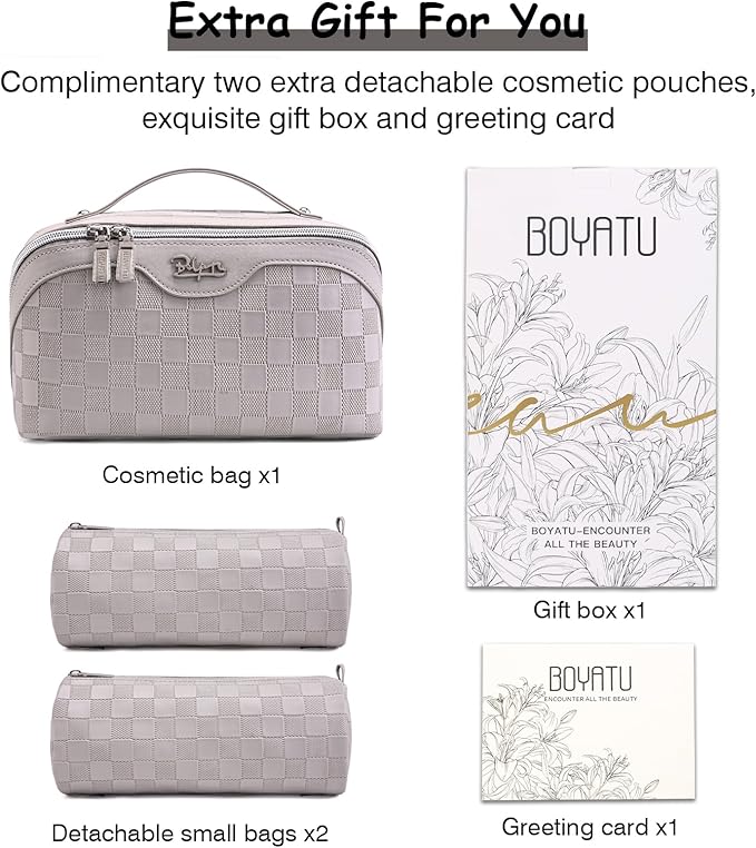 Travel Makeup Bag Organizer Cosmetic Bag: 3 Pcs Set Make up Bags for Women with Handle - Waterproof Vegan Leather Toiletry Bags with Comparments (C-13-Gray)