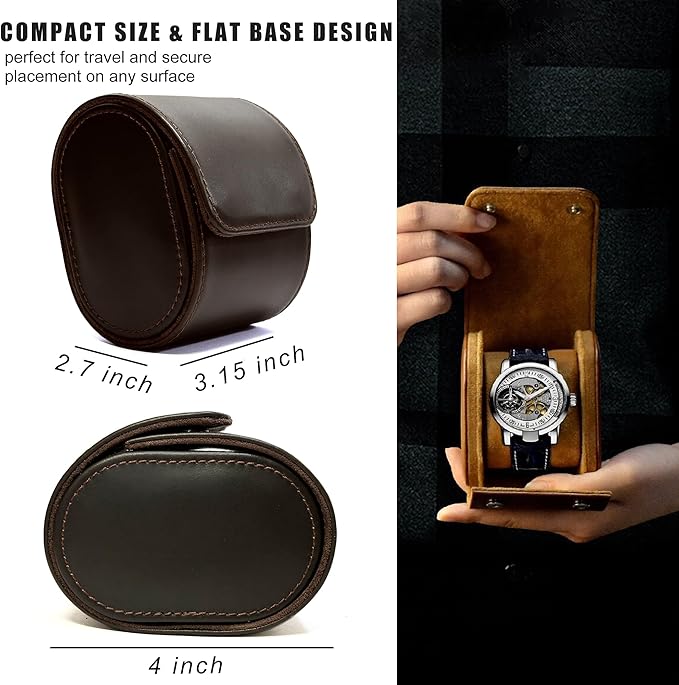 Longjet Watch Roll Travel Case for Men Portable Watches Organizer Box with Removable Velvet Pillow Holder (1 Slot Chocolate Brown/Genuine Leather)