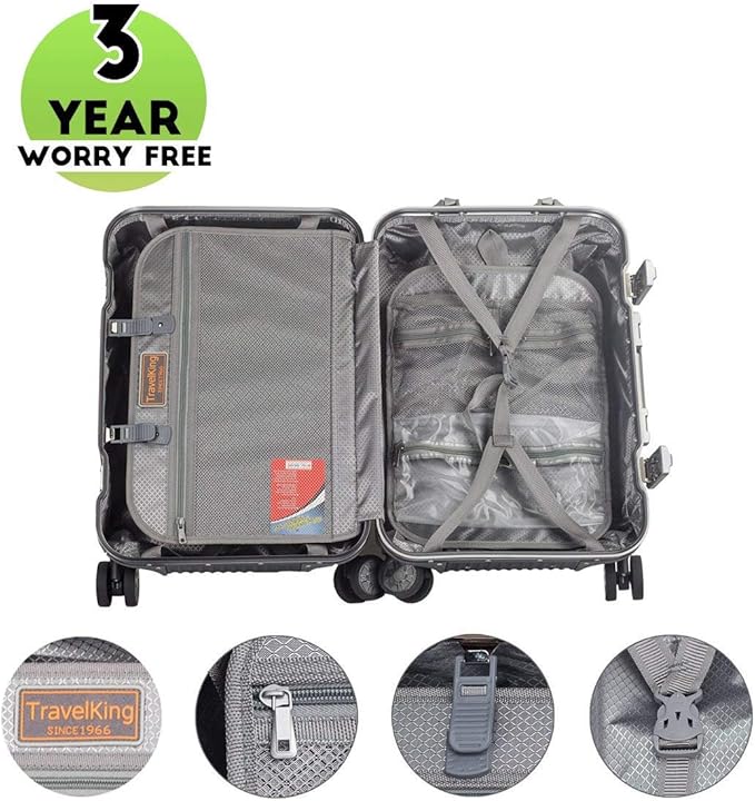 TRAVELKING All Aluminum Carry On Luggage with TSA Locks Fashion Cool Metal Hard Shell Spinner Suitcase (Grey, 20 Inch)