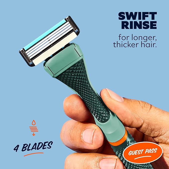 Dollar Shave Club | The Guest Pass Shave Set | 2 Swift Rinse Refill Cartridges, 1 Handle (Green), 1 Razor Cover, Razors for Men