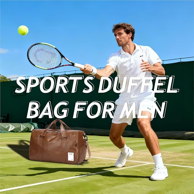 Leather Sports Gym Tote Bag with Shoes Compartment & Wet Pocket, Travel Duffel for Men & Women, Shoulder Weekender Overnight Bag for Yoga, Pilates, Swimming