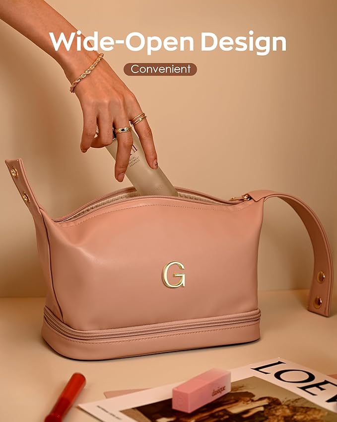 Customized Gifts-Women Gifts, Personalized Makeup Bag with Handle, Initial Double Layer Cosmetic Bag with Makeup Brush Organizer, PU Leather Travel Toiletry Bag, Gifts for Friends Female Mom
