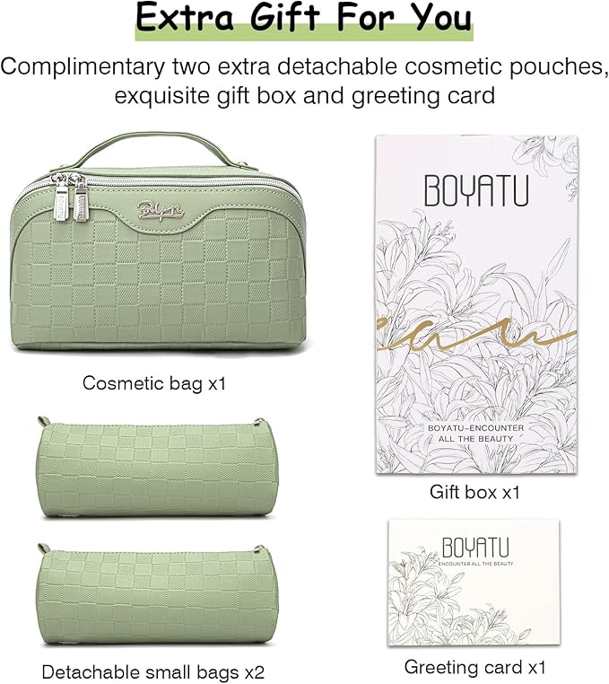Travel Makeup Bag Organizer Cosmetic Bag: 3 Pcs Set Make up Bags for Women with Handle - Waterproof Vegan Leather Toiletry Bags with Comparments (C-06-Green)